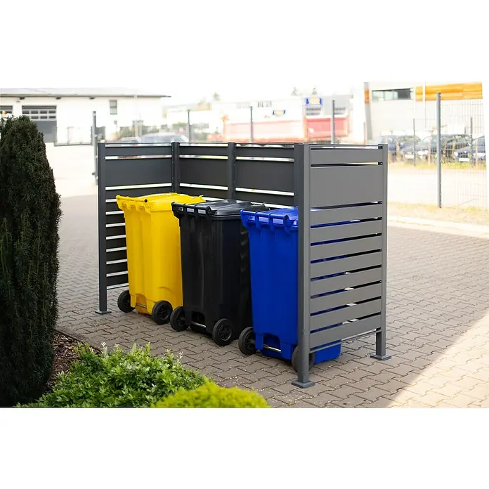 Westmann Mülltonnenbox Verkleidung Planum - 90 x 250 x 150 cm, Anthrazit - Mülltonnenbox aus Metall für drei Mülltonnen in Gelb, Schwarz und Blau. Die Box mit Lamellen fügt sich dezent in den Außenbereich ein.