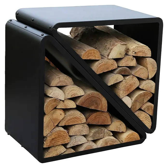 Westmann Kaminholzregal Kanto - 57 x 36 x 56 cm, Stahl, Schwarz - Ein moderner Holzkorb aus Metall, gefüllt mit Brennholz. Ideal für Kaminbesitzer, um Holz stilvoll und ordentlich zu lagern.