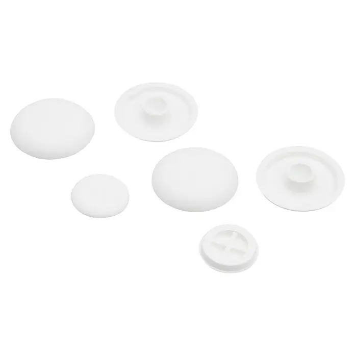 Poseidon Puffer-Set New York 3.0 - Passend für: Camargue New York WC-Sitz 3.0 - Sortiment weißer Kunststoff-Schraubkappen in verschiedenen Größen, zeigt glatte Ober- und funktionelle Unterseiten.