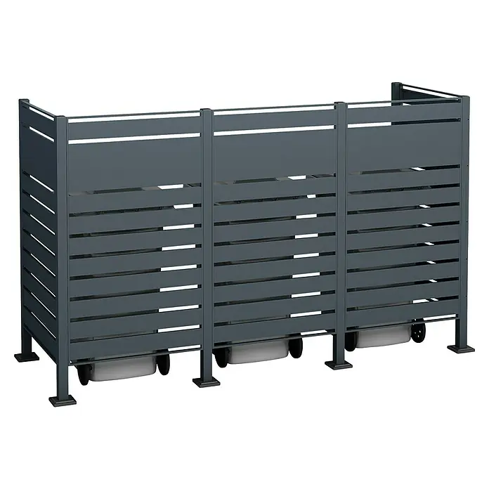 Westmann Mülltonnenbox Verkleidung Planum - 90 x 250 x 150 cm, Anthrazit - Graue Mülltonnenbox aus Metall mit Lamellen für drei Mülltonnen zur stilvollen Integration in den Garten.
