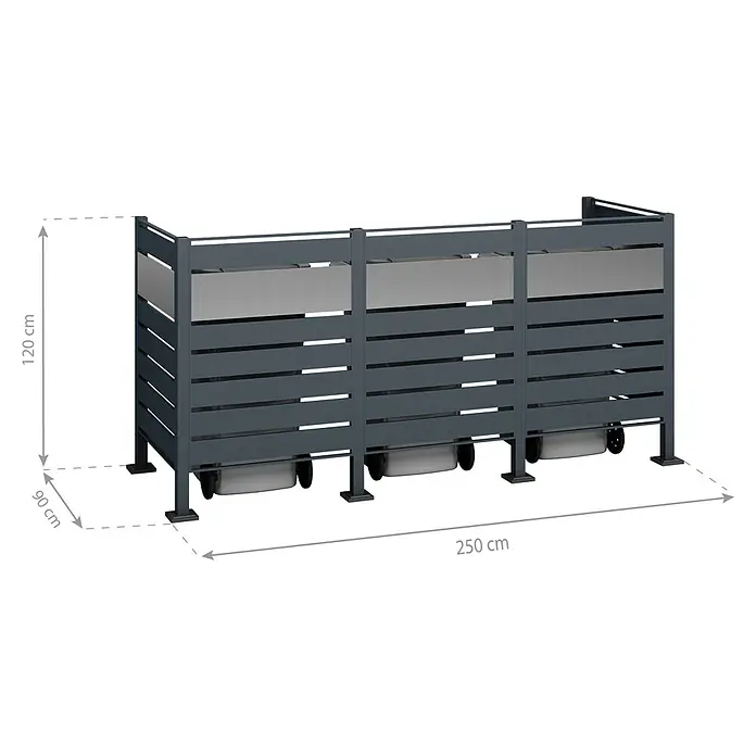 Westmann Mülltonnenbox Verkleidung Planum - 90 x 250 x 120 cm, Anthrazit/Grau - Bild einer grauen Mülltonnenbox mit den Maßen 250 x 90 x 120 cm. Die Box besteht aus mehreren horizontalen Lamellen und bietet Platz für drei Tonnen.