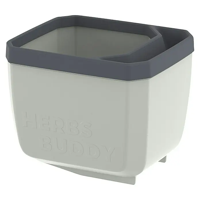 Gusta Garden Anzucht-Set Stadtkräutergarten Set - 6 -tlg., Hellgrau - Nahaufnahme eines Kräutertopfes von Herbs Buddy, ideal für die Aufbewahrung von Küchenkräutern und anderen Kleinigkeiten.