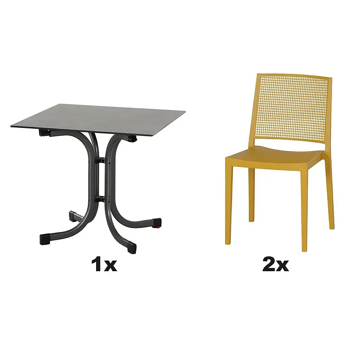 Siena Garden Urban Lights Gartenmöbel-Set Square Stuhl/Sola Tisch - 3 -tlg., Polypropylen, Mustard/Anthrazit - Bild von einem grauen Gartentisch und zwei gelben Stühlen. Perfekt für den Garten oder die Terrasse, um gemütliche Stunden zu verbringen.