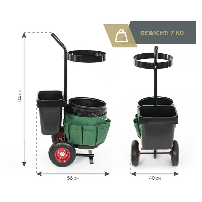 Westmann Gartentrolley Universal - 40 x 56 x 104 cm - Abbildung eines Gartengeräts mit den Maßen 104 cm Höhe, 56 cm Länge und 40 cm Breite, Gewicht 7 kg.