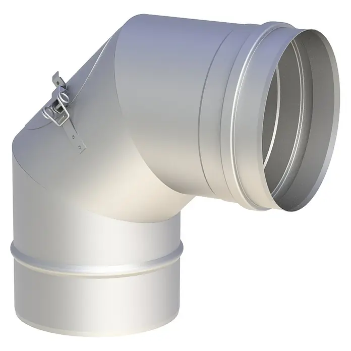 Ofenrohrbogen - Durchmesser: 150 mm, 90 °, Silber, Mit Reinigungsöffnung - Metallischer silberner Lüftungskanalbogen mit Verschluss und verstärkten Enden, für HLK-Anlagen.