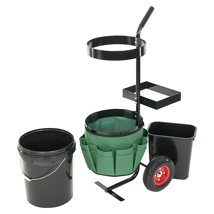 Westmann Gartentrolley Universal - 40 x 56 x 104 cm - Gartengeräte-Rollwagen mit Eimer, grüner Tasche mit Fächern und Halterung, ideal für die Gartenarbeit, mit praktischem Design für den Transport.