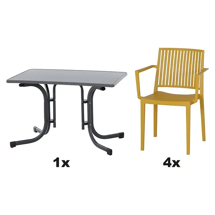 Siena Garden Urban Lights Gartenmöbel-Set Lane Sessel/Paco Tisch - 5 -tlg., Polypropylen, Mustard/Anthrazit - Bild eines Gartensets mit einem Tisch und vier Stühlen. Das Set eignet sich ideal für den Außenbereich und bietet Platz für mehrere Personen.