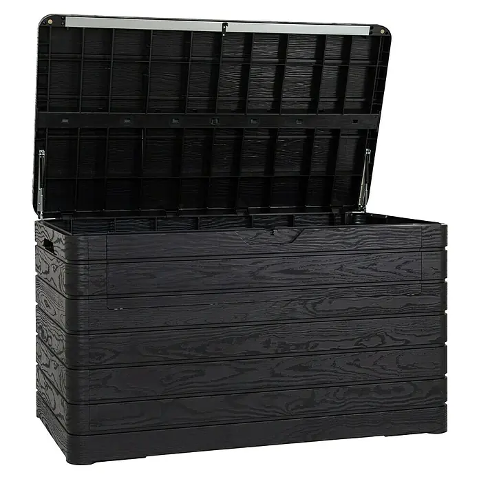 Toomax Auflagenbox Dolomiti - 146 x 82 x 85 cm, Kunststoff, Anthrazit - Geöffnete schwarze Gartenbox mit Holzstruktur für die Aufbewahrung von Gartenutensilien und mehr. Praktisch und stilvoll!