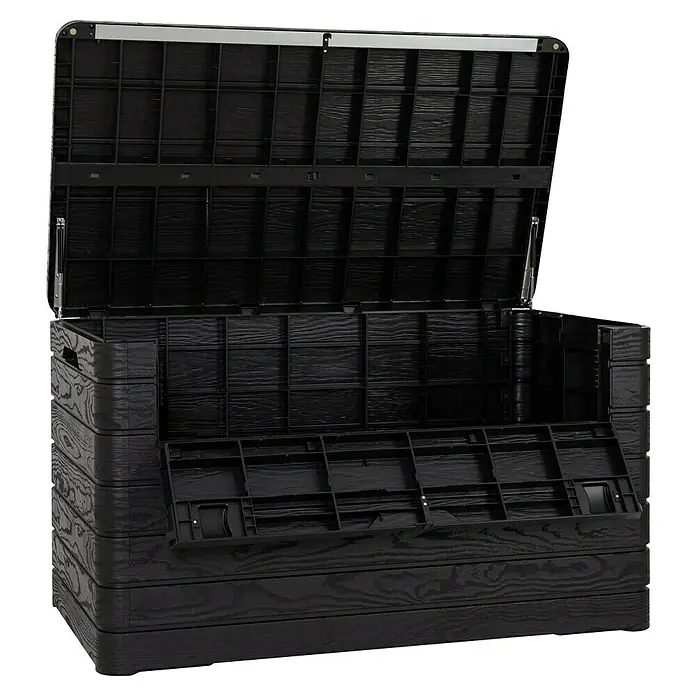 Toomax Auflagenbox Dolomiti - 146 x 82 x 85 cm, Kunststoff, Anthrazit - Geöffnete schwarze Gartenbox mit Holzstruktur, ideal zur Aufbewahrung von Gartengeräten und -möbeln.