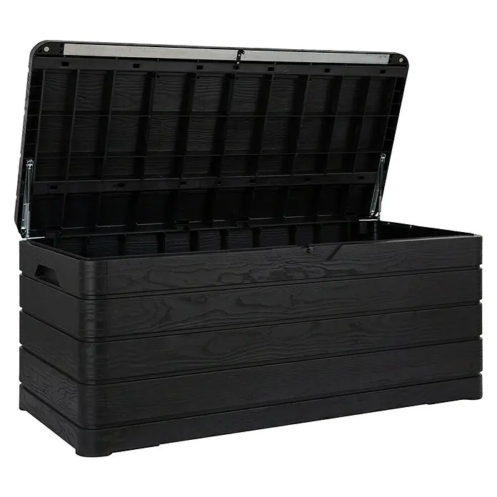 Toomax Auflagenbox Dolomiti - 152 x 715 x 635 cm, Kunststoff, Anthrazit - Große, offene, schwarze Gartenbox zur Aufbewahrung von Gartengeräten und Spielsachen, mit Holzstruktur und Metallscharnieren.