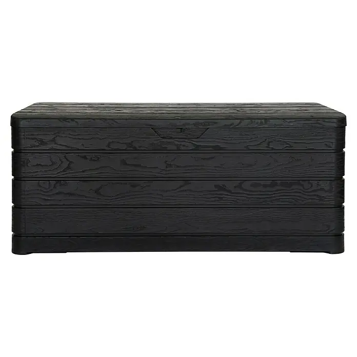Toomax Auflagenbox Dolomiti - 152 x 715 x 635 cm, Kunststoff, Anthrazit - Nahaufnahme einer schwarzen Holz-Gartenbox mit horizontaler Maserung und Griffmulde auf dem Deckel für den Außenbereich.