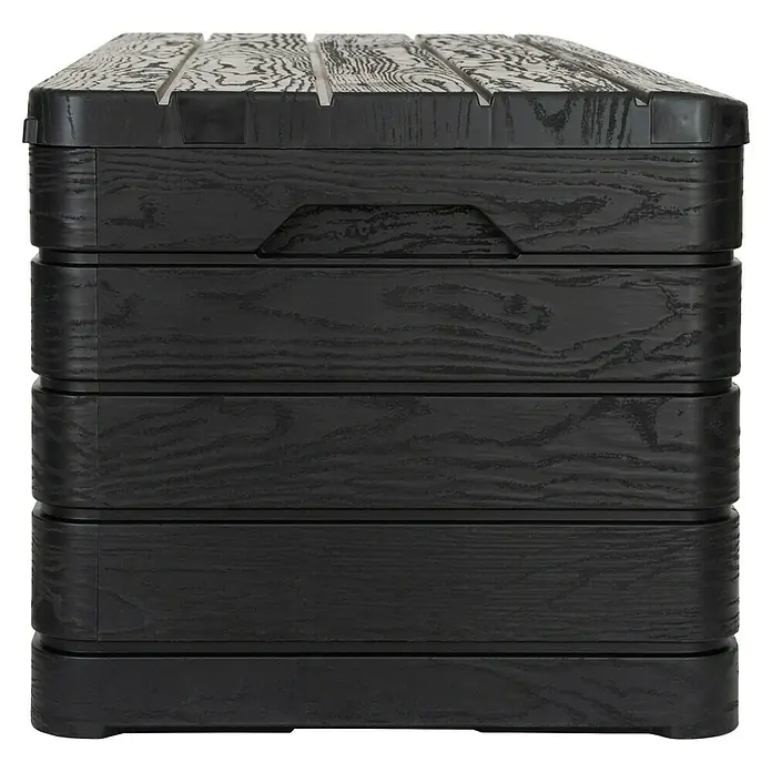 Toomax Auflagenbox Dolomiti - 152 x 715 x 635 cm, Kunststoff, Anthrazit - Ein detailreiches Bild einer schwarzen Aufbewahrungsbox aus Kunststoff mit einer Holzmaserung. Die Box ist mehrschichtig und robust konstruiert.