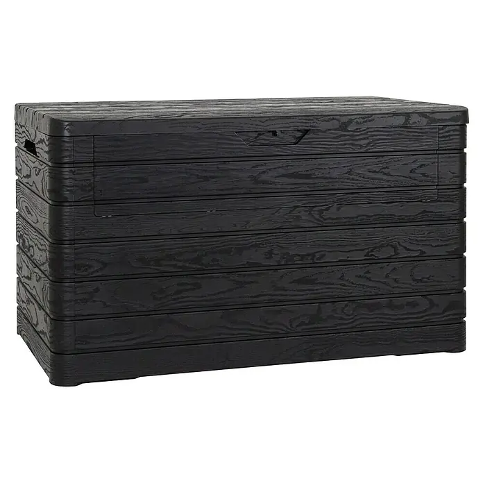 Toomax Auflagenbox Dolomiti - 146 x 82 x 85 cm, Kunststoff, Anthrazit - Detailaufnahme einer schwarzen Gartenbox mit Holzstruktur, ideal zur Aufbewahrung von Outdoor-Utensilien und Gartenwerkzeugen.