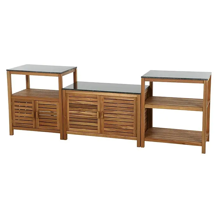Gardamo Outdoorküche Riva - 3 -tlg., Akazie, Steingranit, Natur - Modulares Gartenmöbel-Set aus Teakholz mit Arbeitsflächen aus Granit, bestehend aus Schränken und Regalen für den Außenbereich.