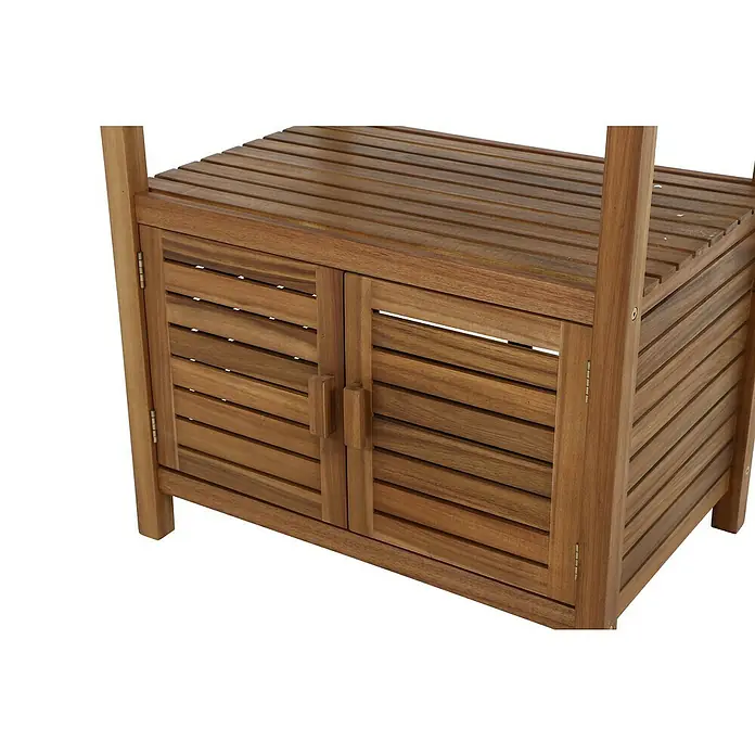 Gardamo Outdoorküche Riva - 3 -tlg., Akazie, Steingranit, Natur - Nahaufnahme eines Holzschranks mit Lattenmuster, ideal für Bad oder Garten, zeigt feine Verarbeitung und rustikalen Charme.