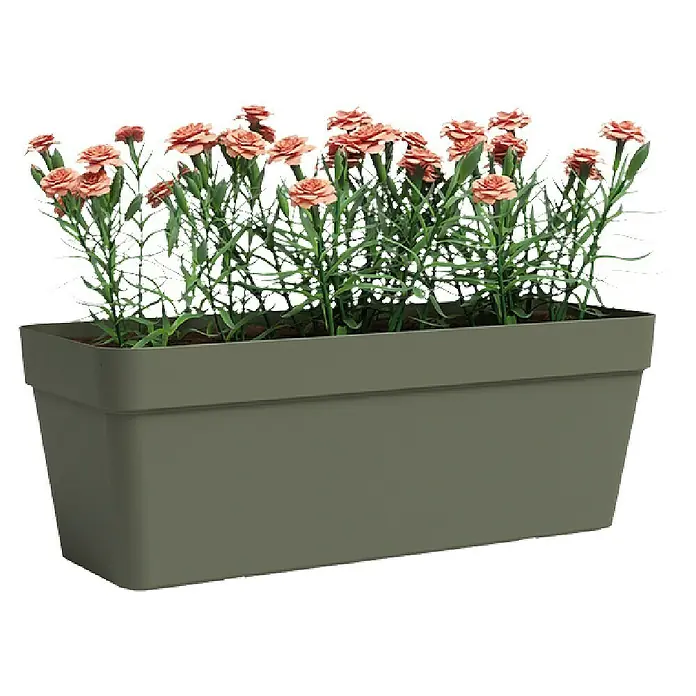 Artevasi Balkonkasten Capri - Trockengrün, Kunststoff, Matt - Rechteckiger Blumenkasten mit zartrosa Nelken, der eine elegante und stilvolle Dekoration für jeden Außenbereich bietet.