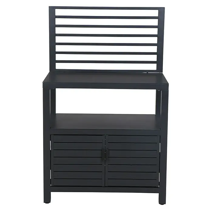 Siena Garden Outdoorküche Texas - 3 -tlg., Anthrazit - Das Bild zeigt einen schwarzen Servierwagen mit Schrank und Ablageflächen. Der Wagen hat ein modernes Design mit horizontalen Lamellen.