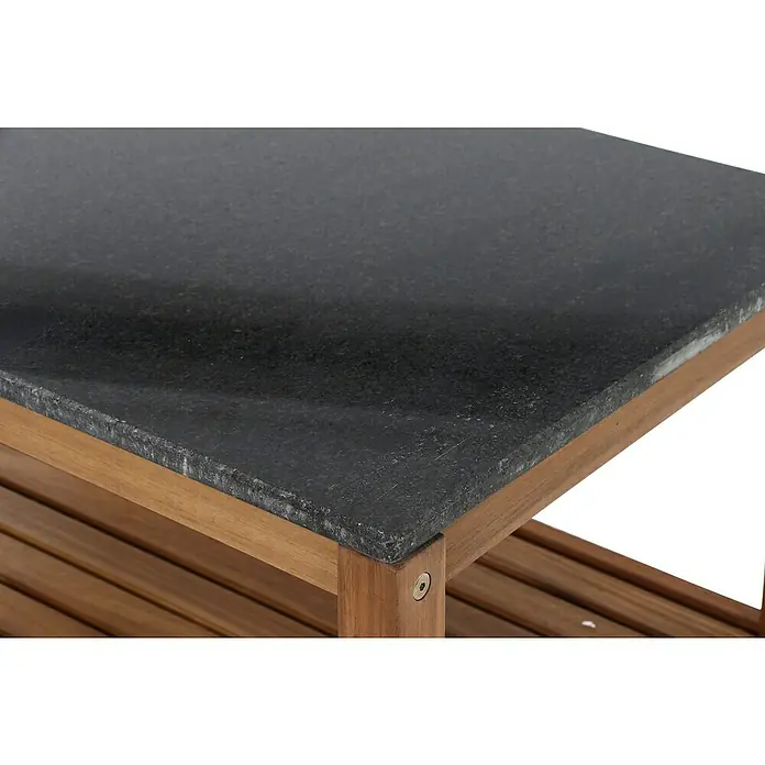 Gardamo Outdoorküche Riva - 3 -tlg., Akazie, Steingranit, Natur - Nahaufnahme eines Tisches mit dunkelgrauer, gesprenkelter Steinplatte und hellbraunem Holzrahmen mit Lattenrost.