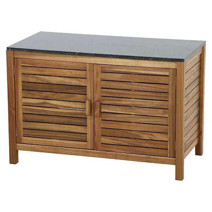 Gardamo Outdoorküche Riva - 3 -tlg., Akazie, Steingranit, Natur - Holzschrank mit horizontalen Lamellen und dunkler Arbeitsplatte, ideal für drinnen und draußen. Robuste Bauweise für vielseitige Nutzung.