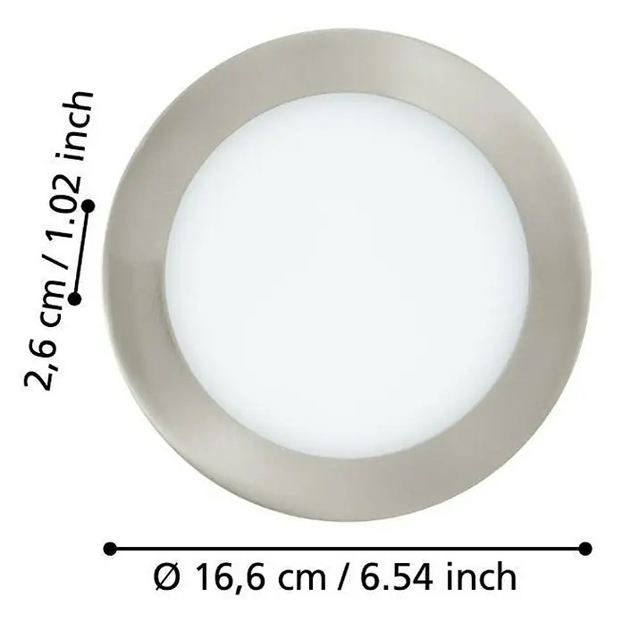 Eglo Fueva 5 LED-Einbauleuchte rund - 10,5 W, Ø x H: 16,6 cm x 2,6 mm, Neutralweiß - Produktbild einer runden Einbauleuchte mit silberfarbenem Rahmen und den Maßen 16,6 cm Durchmesser und 2,6 cm Rahmenbreite.