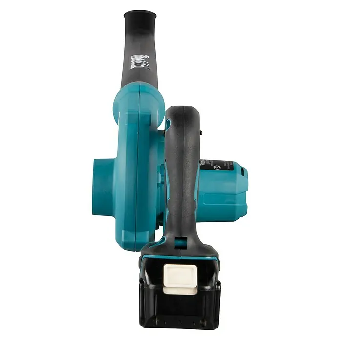 Makita LXT 18V Akku-Gebläse DUB186SFX1 - 1 Akku, 3 Ah, Blasgeschwindigkeit: 68 m/s - Ein türkisfarbener Makita Akku-Bläser mit schwarzem Griff und Akku ist auf dem Bild zu sehen. Das Gerät ist kompakt und für Reinigungsarbeiten.