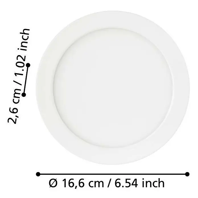 Eglo Fueva 5 LED-Einbauspot - 10,5 W, Warmweiß, Weiß, Ø x H: 16,6 x 2,6 cm, Dimmbar - Abbildung einer runden, weißen LED-Deckenleuchte mit den Abmessungen 16,6 cm Durchmesser und 2,6 cm Dicke.