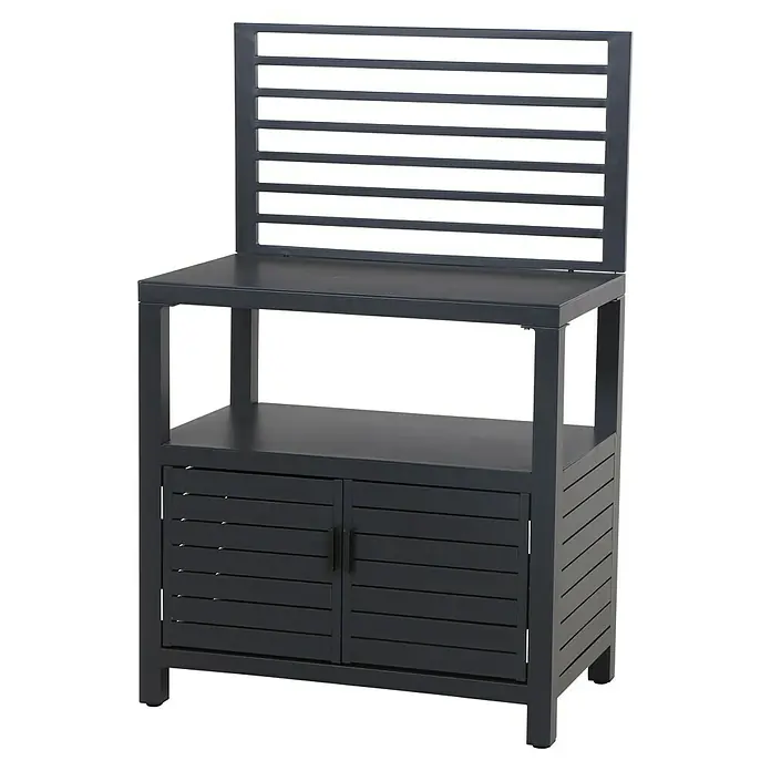 Siena Garden Outdoorküche Texas - 3 -tlg., Anthrazit - Das Bild zeigt einen grauen Gartentisch mit Regalböden und einer Rückwand mit horizontalen Latten. Der Tisch bietet Stauraum und Arbeitsfläche.