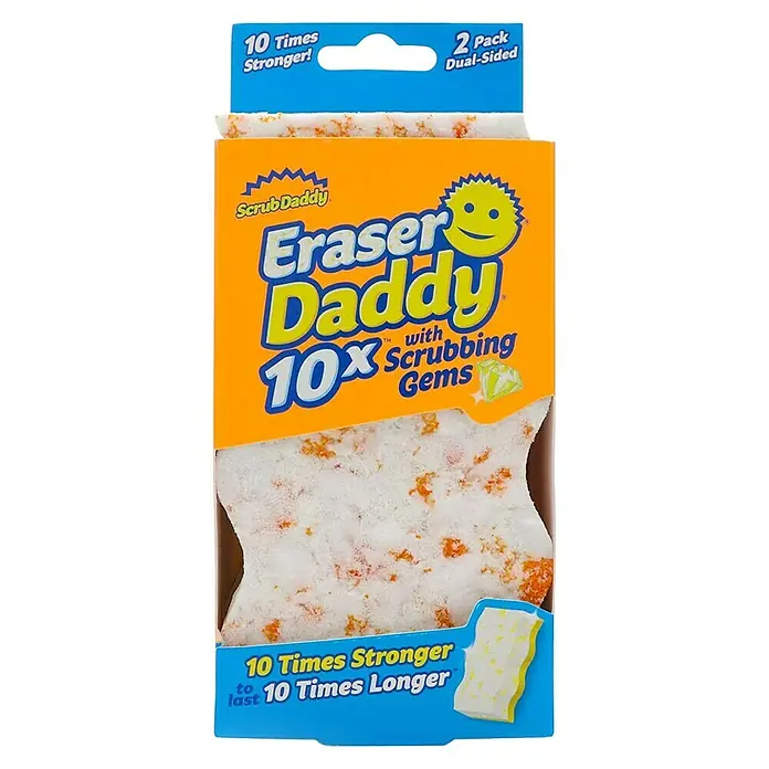Scrub Daddy Radierschwamm Eraser Daddy - 2 Stk., Geeignet für: Alle Oberflächen - Hier ist ein 2er-Pack Eraser Daddy 10x Scheuerschwämme mit der Aufschrift „10 Times Stronger“. Ideal für die Reinigung im Haushalt.