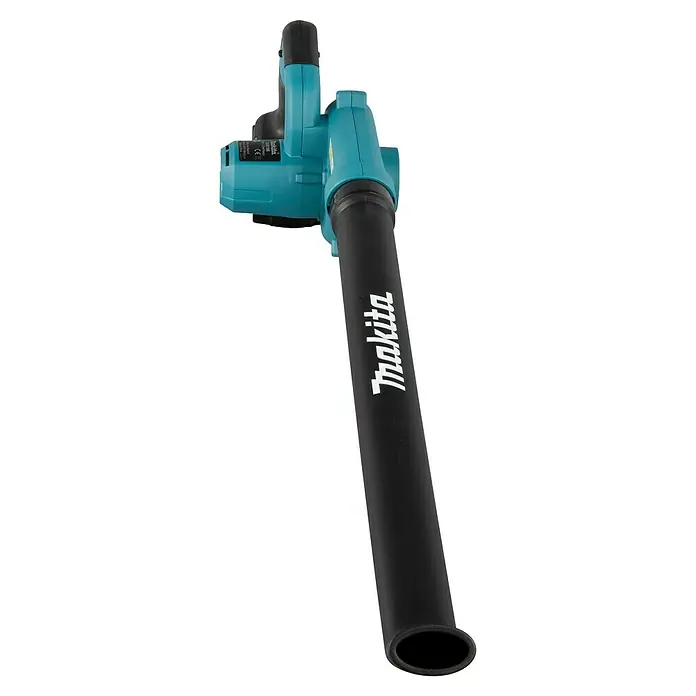 Makita LXT 18V Akku-Gebläse DUB186SFX1 - 1 Akku, 3 Ah, Blasgeschwindigkeit: 68 m/s - Eine Makita Akku-Gebläse mit schwarzem Blasrohr und türkisfarbenem Gehäuse vor schwarzem Hintergrund.