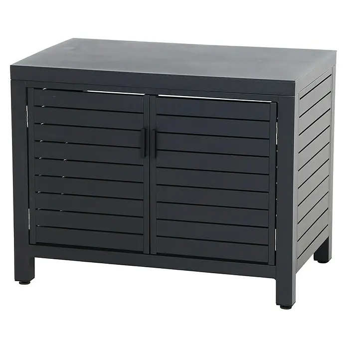 Siena Garden Outdoorküche Texas - 3 -tlg., Anthrazit - Das Bild zeigt einen schwarzen Außenschrank mit zwei Türen und horizontalen Lamellen auf einem schwarzen Hintergrund.