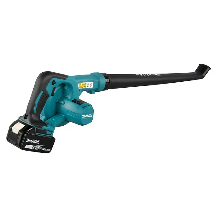Makita LXT 18V Akku-Gebläse DUB186SFX1 - 1 Akku, 3 Ah, Blasgeschwindigkeit: 68 m/s - Akkubetriebener Laubbläser von Makita mit Akku. Das Gerät hat eine schwarze Düse und einen Griff.