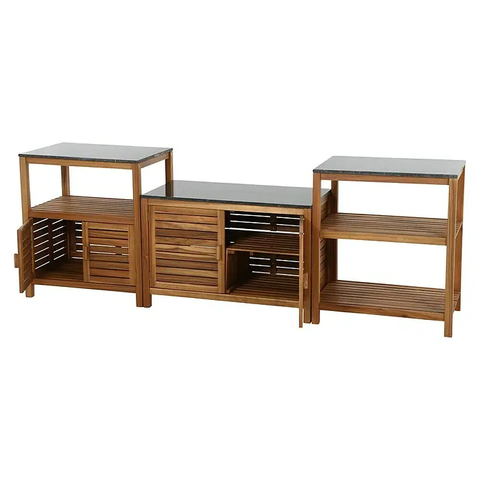 Gardamo Outdoorküche Riva - 3 -tlg., Akazie, Steingranit, Natur - Modulare Teakholzkücheninsel mit Arbeitsfläche aus Granit, ideal für den Außenbereich, bietet Stauraum und Arbeitsfläche für Grillpartys.