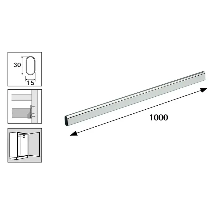 Hettich Kleiderstange - Ø x L: 30 x 1.000 mm, Silber, Verchromt - Glänzende ovale Kleiderstange aus Chrom, 30x15mm Querschnitt, 1000mm lang, für Schrankmontage.