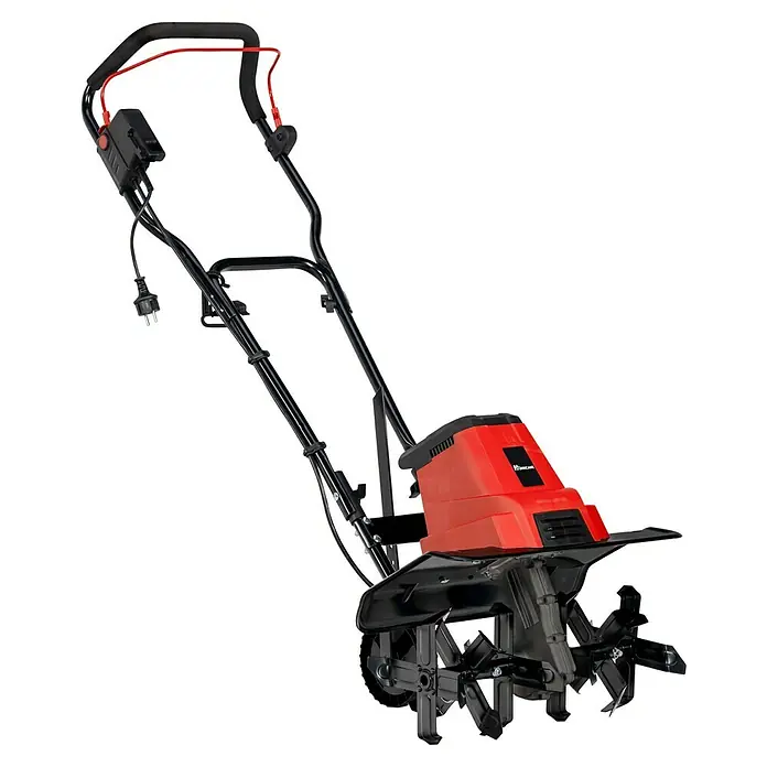 Hurricane Elektro-Bodenhacke HEB-I-1500 - Leistung: 1.500 W, Arbeitsbreite: 45 cm, Arbeitstiefe: 20 cm - Das Bild zeigt einen Hurricane Elektro-Bodenhacke mit roter Motorabdeckung und schwarzem Rahmen, ideal für Gartenarbeit.