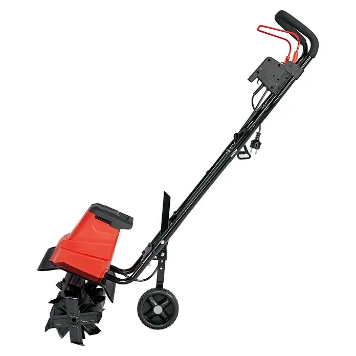 Hurricane Elektro-Bodenhacke HEB-I-1500 - Leistung: 1.500 W, Arbeitsbreite: 45 cm, Arbeitstiefe: 20 cm - Das Bild zeigt einen roten und schwarzen Kultivator, ein Gartengerät zum Auflockern und Wenden des Bodens.