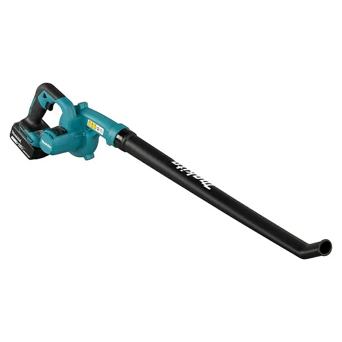 Makita LXT 18V Akku-Gebläse DUB186SFX1 - 1 Akku, 3 Ah, Blasgeschwindigkeit: 68 m/s - Akkubetriebener Makita Laubbläser mit langem, schwarzem Blasrohr und blaugrünem Gehäuse. Das Gerät ist auf einem schwarzen Hintergrund abgebildet.