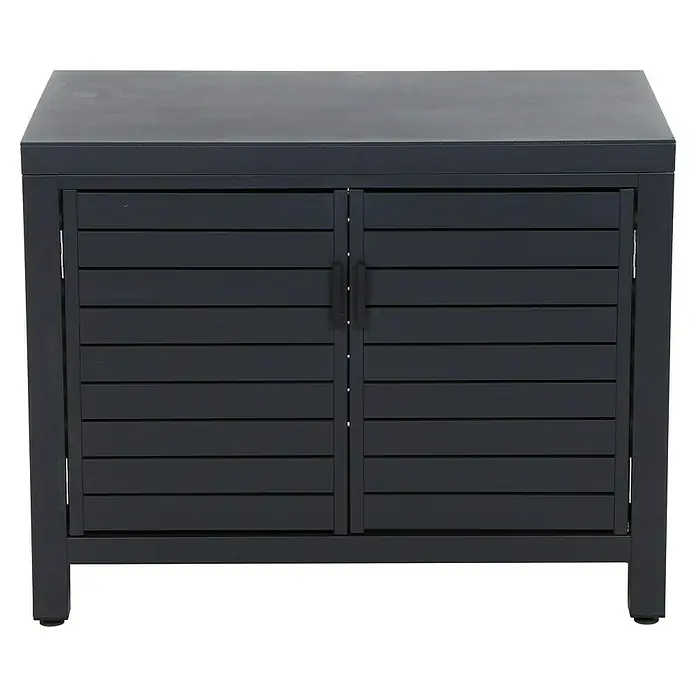 Siena Garden Outdoorküche Texas - 3 -tlg., Anthrazit - Schwarzer Schrank mit horizontalen Lamellentüren und einer dunklen Arbeitsplatte, ideal für stilvolle Aufbewahrung im Innenbereich.