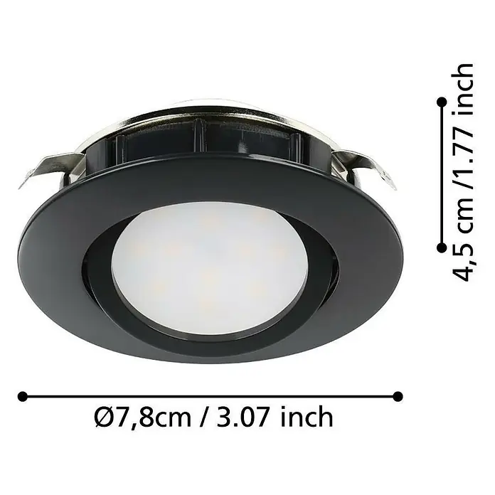 Eglo LED-Einbauleuchte PINEDA - Warmweiß, Durchmesser: 8,4 cm, Schwarz, 3 Stk. - Detailaufnahme eines schwarzen LED-Deckeneinbaustrahlers mit Maßangaben für Durchmesser und Höhe.