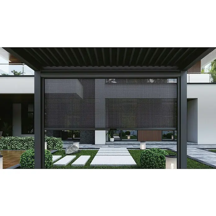 DWS Outdoor Pavillon-Seitenwand Blind Screen Comfort - L x B x H: 370 x 370 x 13 cm, Farbe Gestell: Anthrazit, Aluminium, Motor - Dunkles, ausfahrbares Netz-Outdoor-Rollo an einer modernen Pergola, das Schatten für eine Terrasse spendet.