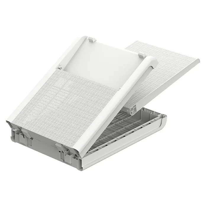 Keter Tumbona de jardín Mallorca - 58 x 187 x 29 cm, Blanco, Plástico, Respaldo regulable - Humidificador blanco abierto que muestra su interior, con una estructura de lamas y cubiertas perforadas.