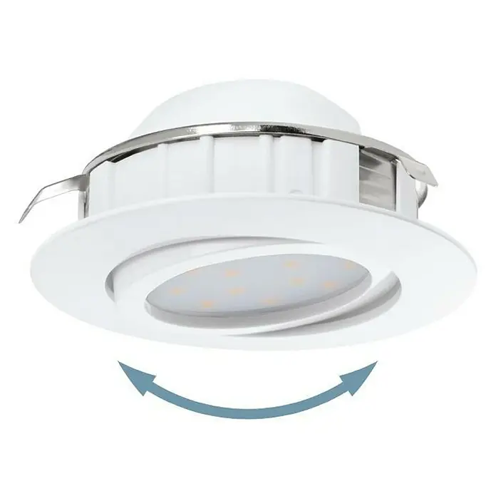 Eglo LED-Einbauleuchten-Set Pineda - 4,9 W, L x B x H: 8,4 x 8,4 x 4 cm, Weiß, 3 Stk., Warmweiß - Nahaufnahme einer weißen, drehbaren LED-Einbauleuchte mit Chromring, die eine flexible Lichtausrichtung ermöglicht.