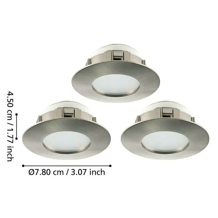 Eglo LED-Einbauleuchten-Set rund Pineda - 18 W, Ø x H: 7,8 x 3,5 cm, Nickel matt, 3 Stk., Warmweiß - Ansicht von drei LED-Einbaustrahlern mit gebürstetem Nickel-Finish und den zugehörigen Abmessungen.