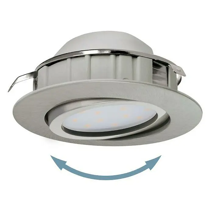 Eglo LED-Einbauleuchten-Set Pineda - 6 W, L x B x H: 8,4 x 8,4 x 4 cm, Nickel matt, 3 Stk., Warmweiß - Dieses Bild zeigt einen schwenkbaren LED-Einbaustrahler in gebürstetem Silber mit einem runden Design und Drehfunktion.