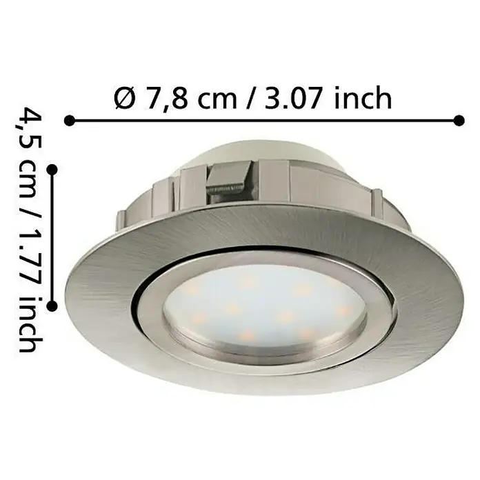 Eglo LED-Einbauleuchten-Set Pineda - 6 W, L x B x H: 8,4 x 8,4 x 4 cm, Nickel matt, 3 Stk., Warmweiß - Nahaufnahme einer runden LED-Einbauleuchte aus gebürstetem Metall mit Größenangaben.