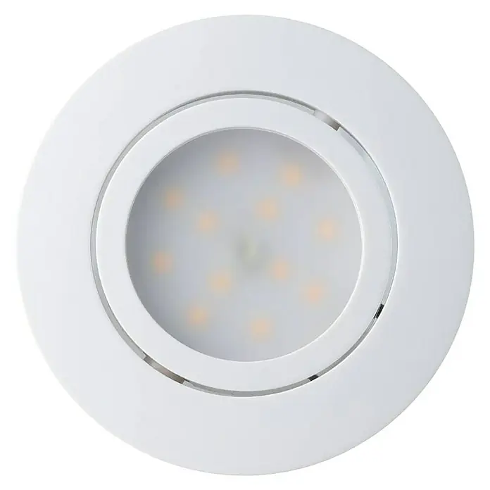 Eglo LED-Einbauleuchten-Set Pineda - 4,9 W, L x B x H: 8,4 x 8,4 x 4 cm, Weiß, 3 Stk., Warmweiß - Nahaufnahme einer runden, weißen LED-Deckenleuchte mit mehreren kleinen Lichtpunkten.