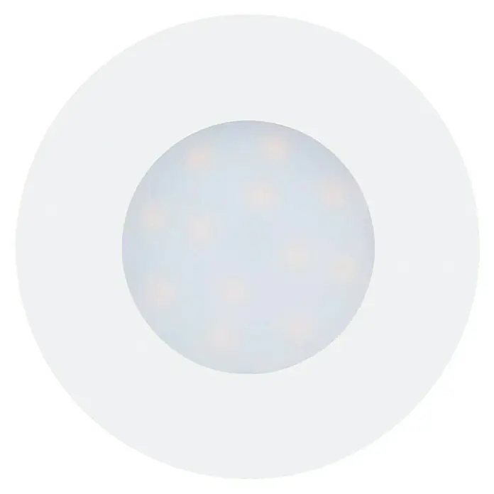 Eglo LED-Einbauleuchten-Set Pineda - 18 W, Weiß, 3 Stk., Warmweiß, 7,8 x 3,5 cm - Nahaufnahme einer runden LED-Deckenleuchte mit weichem, gleichmäßigem Licht, ideal für moderne Innenräume.