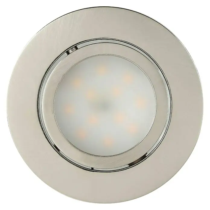 Eglo LED-Einbauleuchten-Set Pineda - 6 W, L x B x H: 8,4 x 8,4 x 4 cm, Nickel matt, 3 Stk., Warmweiß - Nahaufnahme einer runden, versenkten LED-Leuchte mit gebürstetem Nickelrahmen und weichem, warmem Licht.