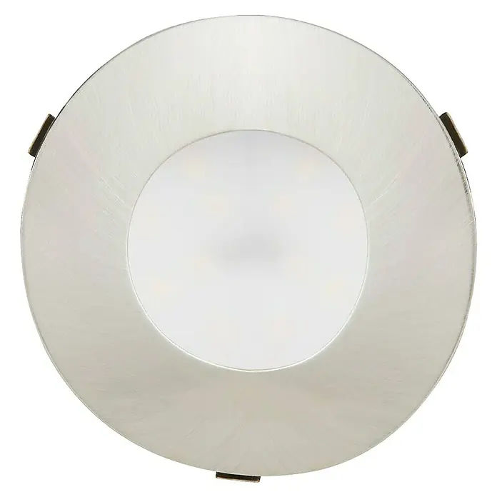 Eglo LED-Einbauleuchten-Set rund Pineda - 18 W, Ø x H: 7,8 x 3,5 cm, Nickel matt, 3 Stk., Warmweiß - Nahaufnahme einer runden, weißen LED-Deckenleuchte. Das Design ist minimalistisch und modern.