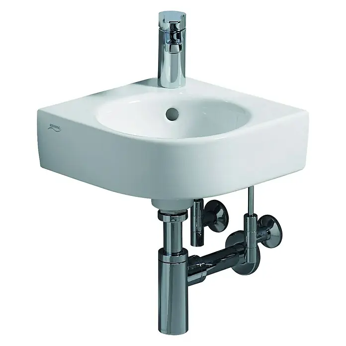 Geberit Renova Comprimo Eckwaschbecken - 45 x 39,5 cm, Mit schmutzabweisender Glasur, Hahnloch: Mitte, Mit Überlauf, Weiß - Eckwaschbecken aus Keramik mit Chromarmatur und Siphon für eine platzsparende Badgestaltung.