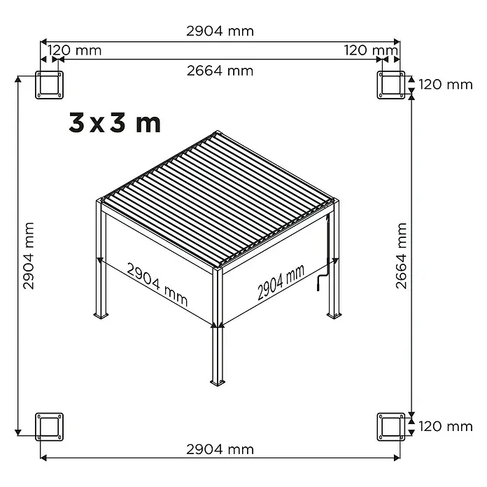 DWS Outdoor Pergola Premium Comfort - L x B x H: 290,4 x 290,4 x 250 cm, Farbe Gestell: Anthrazit, Aluminium, Kurbel - Strichzeichnung einer 3x3 m Pergola mit verstellbarem Lamellendach. Außenmaße 2904 mm, Innenmaße 2664 mm, Pfosten 120 mm.
